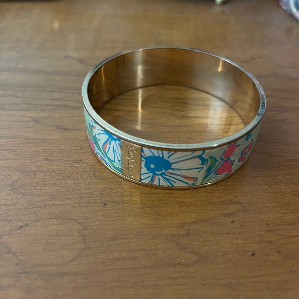 Lilly Pulitzer Photo Dome Bangle Gold With Tropical Print Splish Splash Blue - Picture 3 of 4